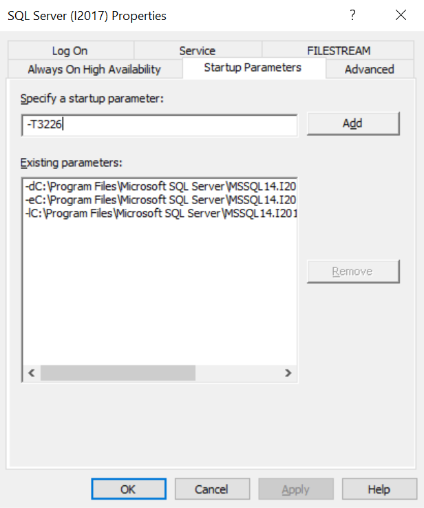 Adding trace flag 3226 as a startup parameter