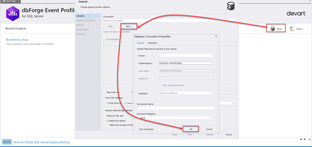 How to establish connection in dbForge Event Profiler for SQL Server