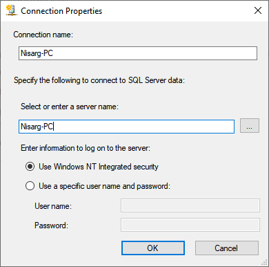 Practical creation, deployment, and execution of SSIS package. Connection Properties Dialogue window