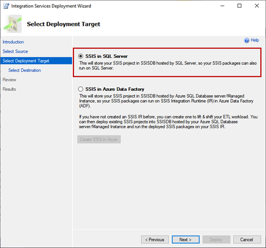 Integration Services Deployment Wizard - Select Deployment Target screen