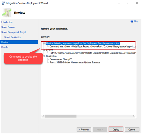 Integration Services Deployment Wizard - Review window