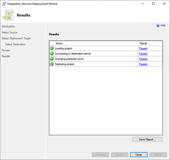 Integration Services Deployment Wizard - Results window