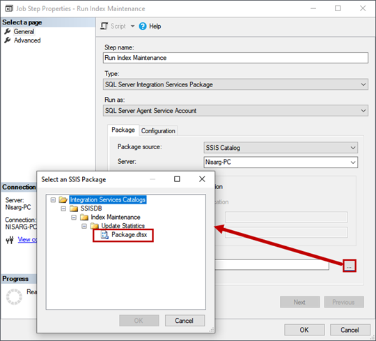 Schedule the SQL Server Integration Service Package execution. Job Step Properties dialog window