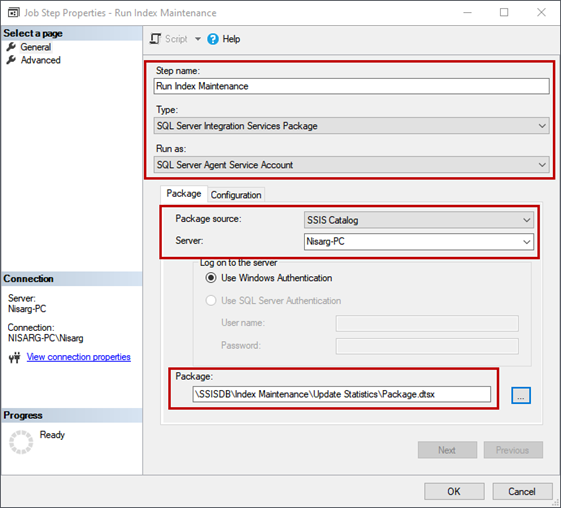 Schedule the SQL Server Integration Service Package execution. Job Step Properties dialog window configuration