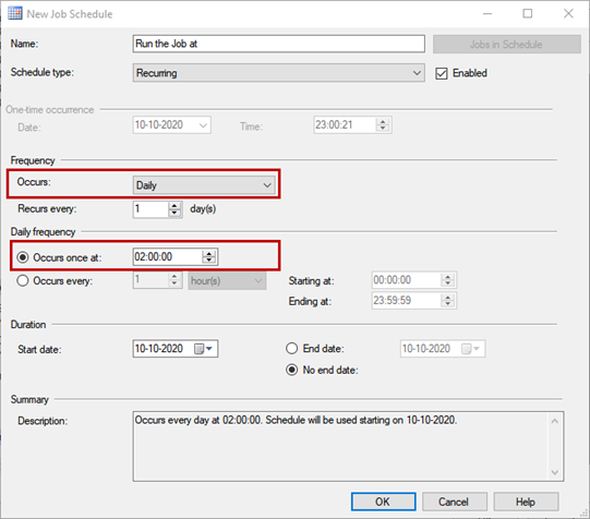 Schedule the SQL Server Integration Service Package execution. New Job Schedule dialog box settings