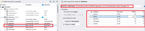 Configuration of the synthetic data generation for the BirthDate field