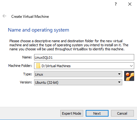 Create Virtual Machine - Name and operating system