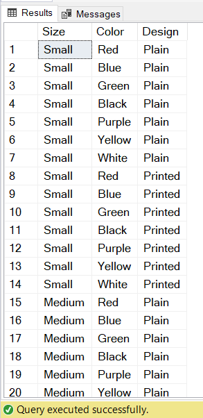 First 20 records from color, size, and design combinations using CROSS JOIN.