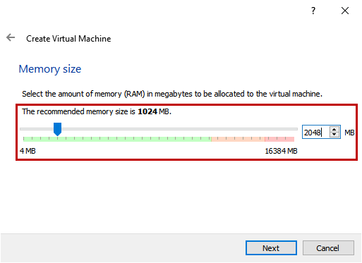 Create Virtual Machine - Memory size screen