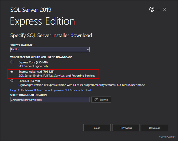 On the next screen, specify the SQL Server installer language, select the installation package, and specify the download location. Click Download