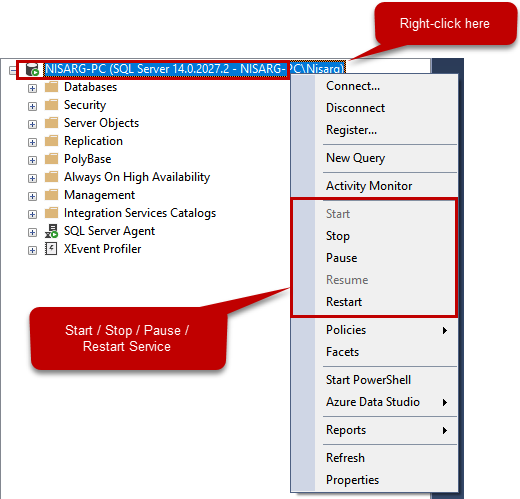 Picture 3. Managing SQL Server services with SSMS