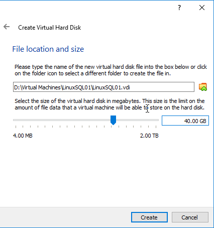 Create Virtual Hard Disk - File location and size settings