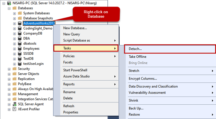 Detach the database.  Launch SQL Server management studio and connect to the SQL Server instance. Expand the Databases list.  Right-click on the necessary database -> Tasks -> Click on Detach.