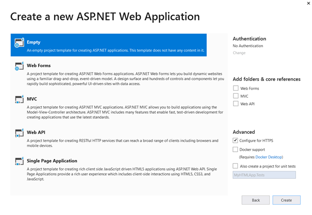 You will see several options for your ASP.NET Web Application
