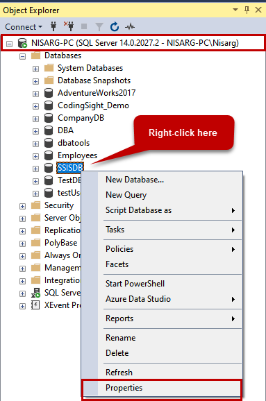 In SQL Server Management Studio, connect to the SQL Server instance. Then, expand Databases -> Right-click on any database -> Click Properties