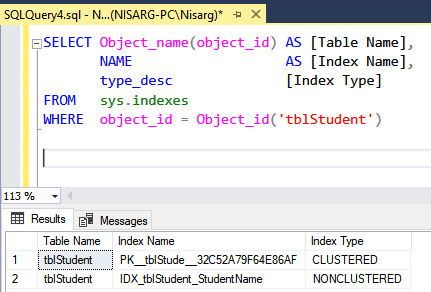 The output of the query to populate the list of indexes