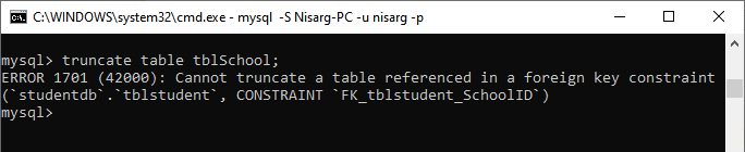 The error occurs because we cannot truncate a table that is being referenced by another table