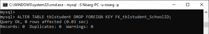 The output of the query that fixes this error by dropping the foreign key