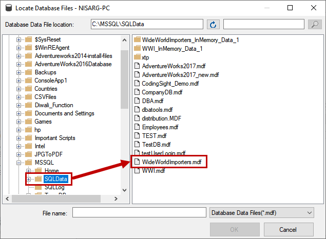 In the new Locate Database Files window, browse the file system to locate the MDF file. Double-click it
