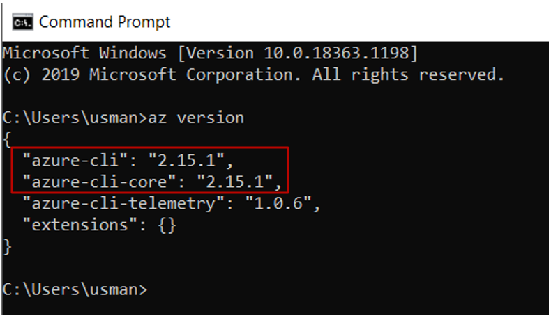 To ensure that you’ve installed Azure CLI 2.0 correctly, run again the command az version on your command control
