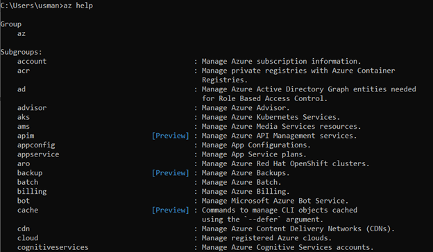 A list of commands for various Azure services