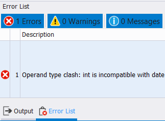 The error in dbForge Studio when you combine incompatible data types in one column in a UNION