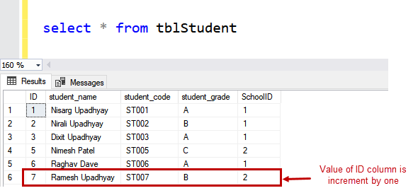 The output of the query execution  to add records to the tblStudent the table