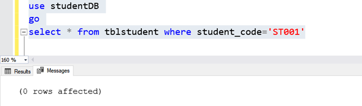 The output of the query that deletes the record of the student with student_code=ST001