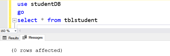 The output of the query to grant access to testuser1 on the tblStudent table