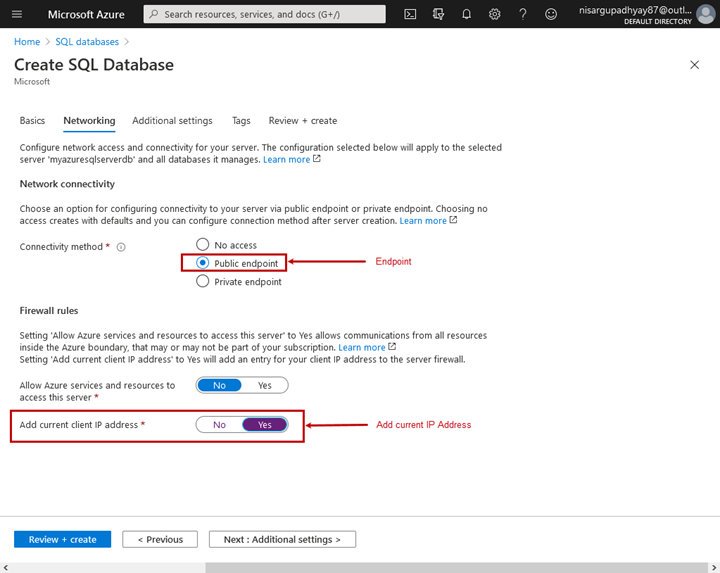 Enable the Add current client IP Address option to connect to the Azure SQL Database