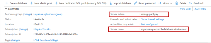 Log in to the Azure portal and click on the Azure SQL Server instance named myazuresqlserverdb. The server name and admin login of the Azure SQL Server instance will be on its resource page