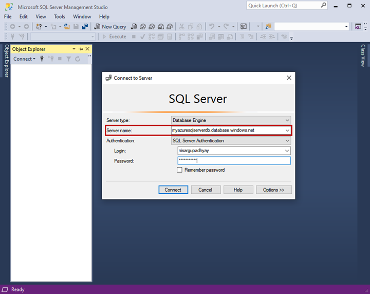 Apply the SQL Server Management Studio - Connect to Server window