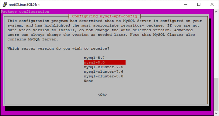View the list of the MySQL Server versions. We want to install MySQL 8.0, so choose mysql-8.0 and hit Enter