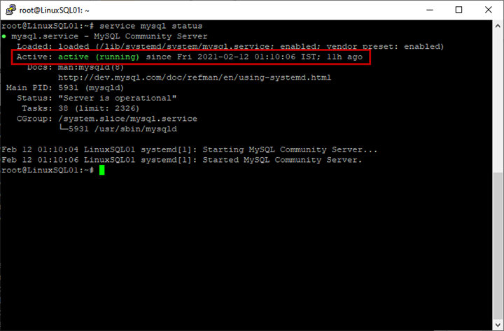 The output of the command to view the status of the MySQL service after installation is completed