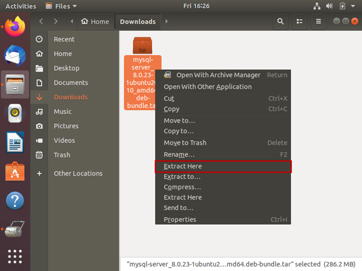 First, we must extract files from the tar file that contains various Debian packages for installing MySQL client tools and community servers. To do that, right-click on the mysql-server-8.0.23..tar file > Extract.