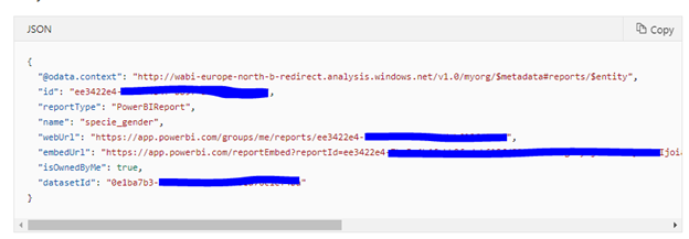 You should see the following JSON response with the report name, the ID of the database containing the report, the web URL of the report, etc.