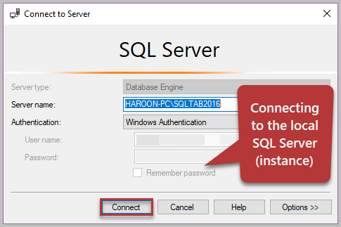 Connecting to the local SQL Server (instance)