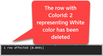 The row with ColorId: 2 representing White color has been deleted