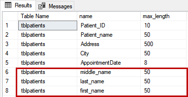 The output of the query sys.columns tables to check the newly added columns