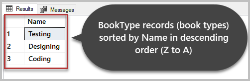 BookType records (book types) sorted by Name in descending order (Z to A)