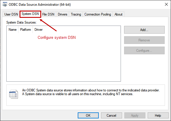 Configure ODBC Driver for MySQL Open Control Panel > Administrative tools > ODBC Data Sources (64-bit) > System DSN tab > Add