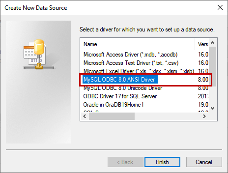 Create New Data Source wizard - Select MySQL ODBC 8.0 ANSI driver from the list and click Finish