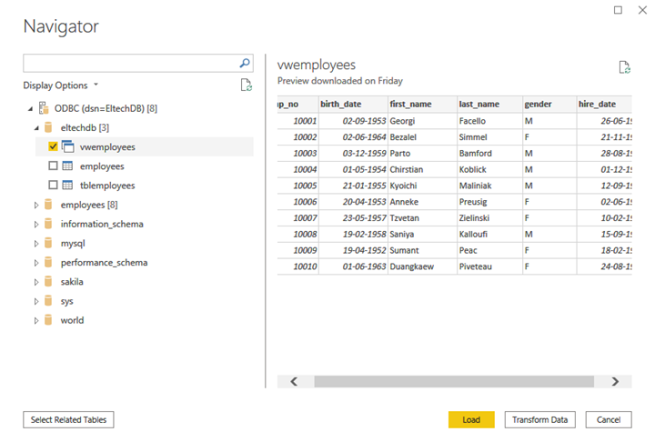 Navigator - when you click on vwEmployees, you can preview the data in the right pane. Click Load to load the data into the PowerBI report: