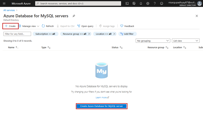 On the Azure Database for MySQL Server screen, click Create...