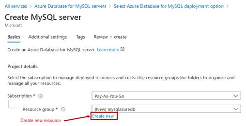 Create MySQL server - Create new resource