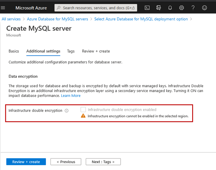 Create MySQL server - Additional Settings