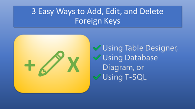 3 easy ways to add, edit, and delete Foreign Key - using table designer, using database diagram, or using T-SQL