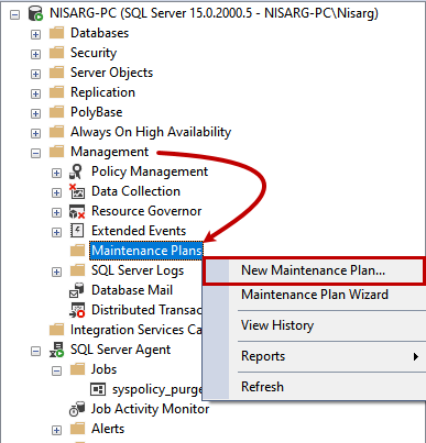 To create the database maintenance plan, launch SQL Server Management Studio > expand the database instance > Management > right-click on the maintenance plan > New Maintenance Plan.