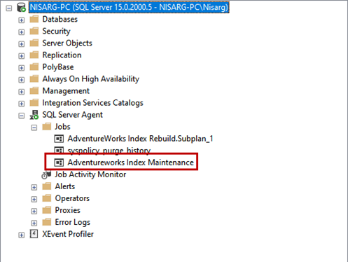 The newly created job is available in the Jobs directory under the SQL Server Agent folder