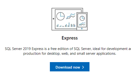 On the webpage, you will see several downloading options for different versions of SQL Server. Scroll down the page for the Express edition and click Download Now